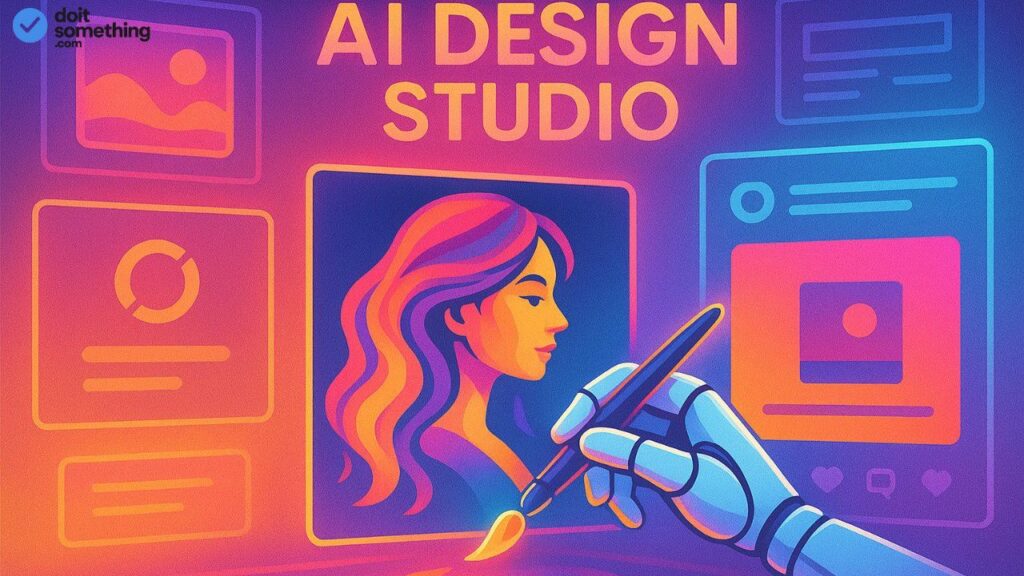A Creative AI Design Studio With Futuristic Screens Displaying AI Generated Artwork Logos And Social Media Posts. A Robotic Hand Painting With Glowing Digital Brushes. Bright Colorful Modern A 1024x576